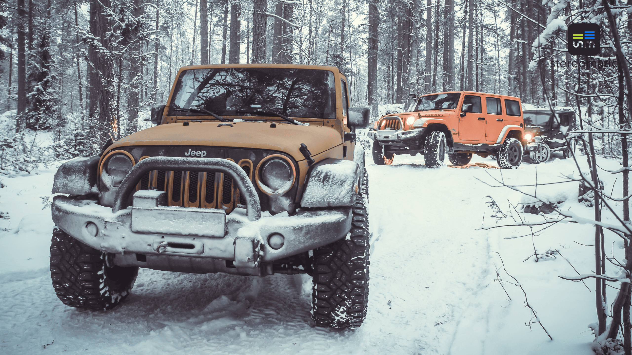 Samochody terenowe Jeep jadące zimowym szlakiem w lesie – scenariusz firmowego team buildingu typu off-road w górach.
